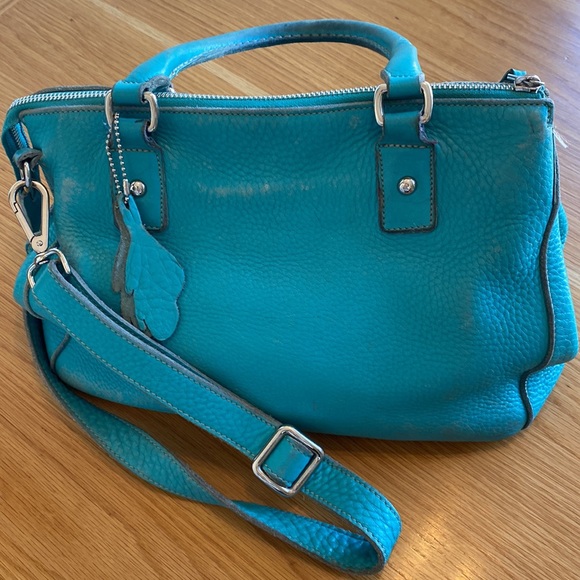 ROOTS 🇨🇦 Turquoise Textured Leather Handbag with Shoulder / Crossbody Strap - Picture 4 of 17